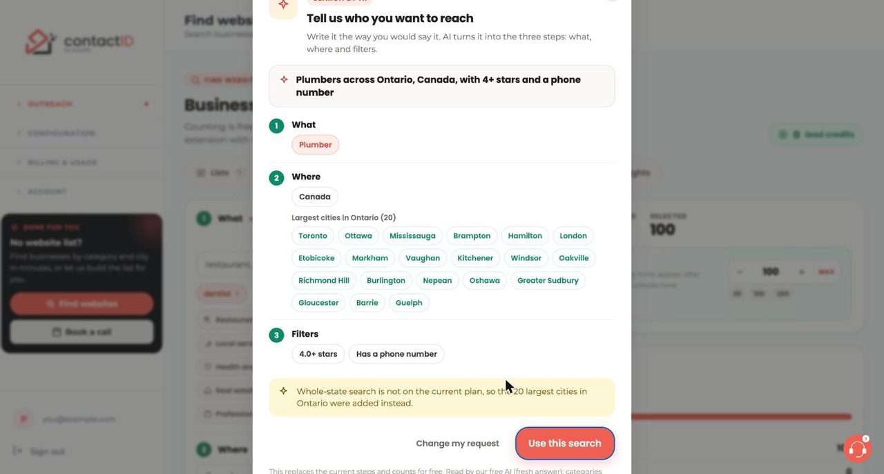Search by AI result showing what, where and filters it filled in