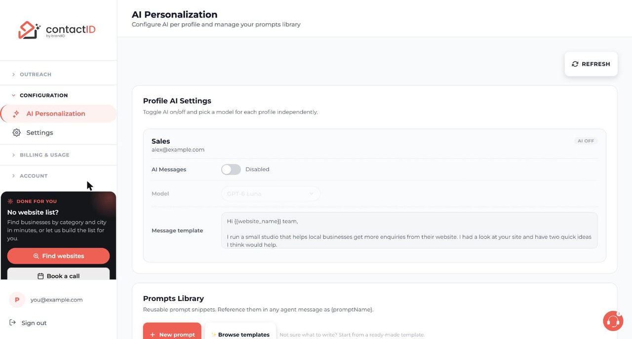 AI Personalization page with an AI Messages switch, model and message template per Agent