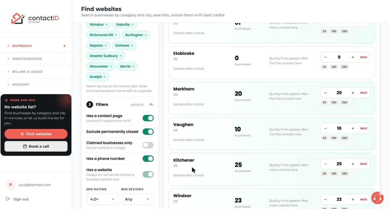 Find websites filters panel with contact page, phone number, rating and reviews options