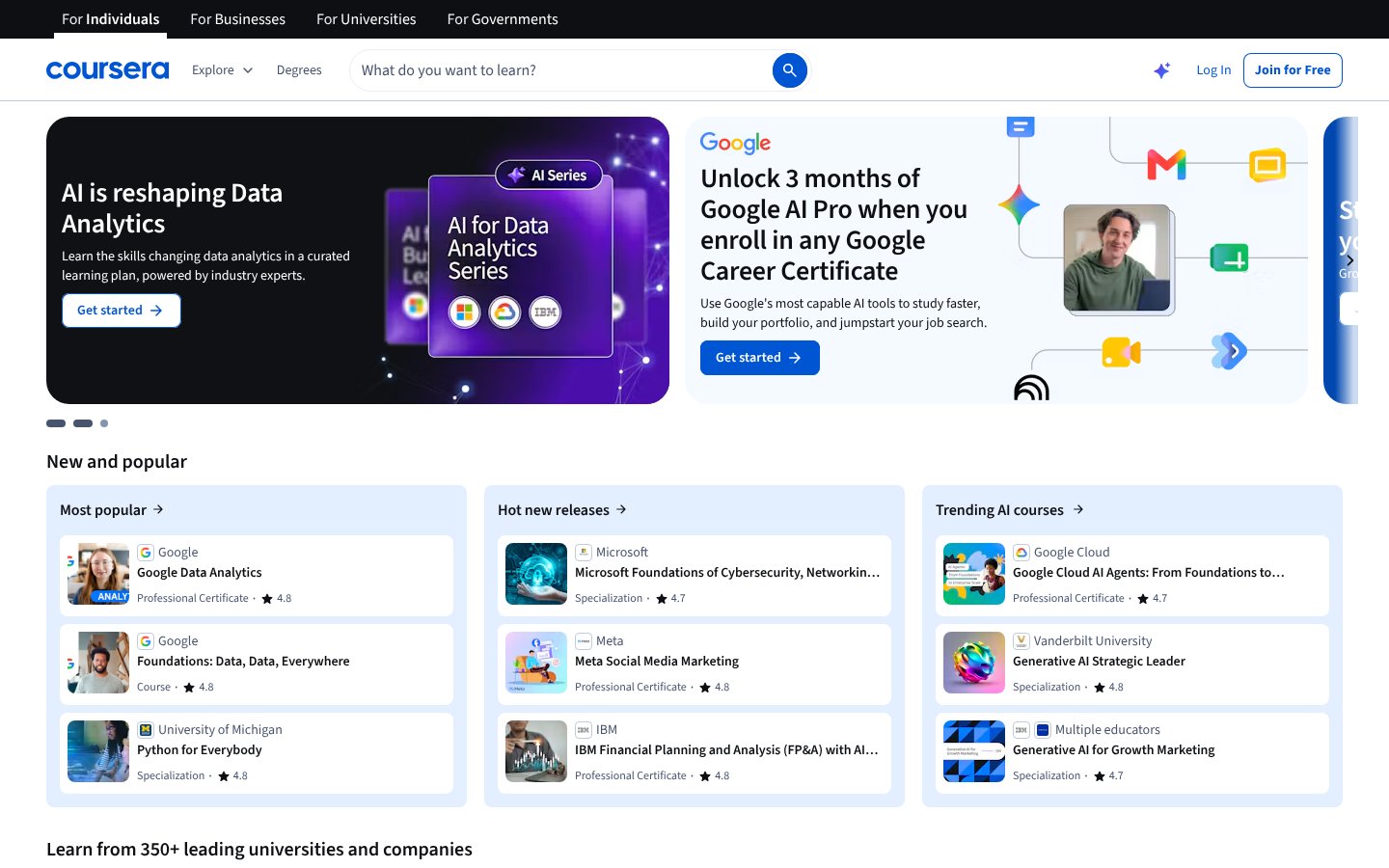 Coursera homepage, a high ticket affiliate program