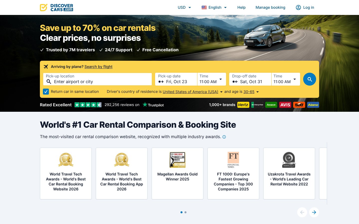 Discover Cars homepage, a travel affiliate program