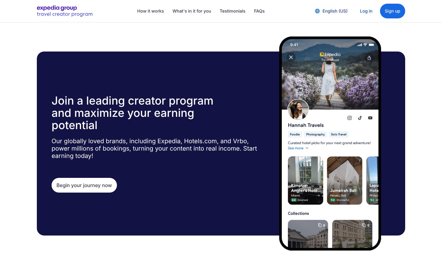 Expedia Travel Creator Program page, a travel affiliate program