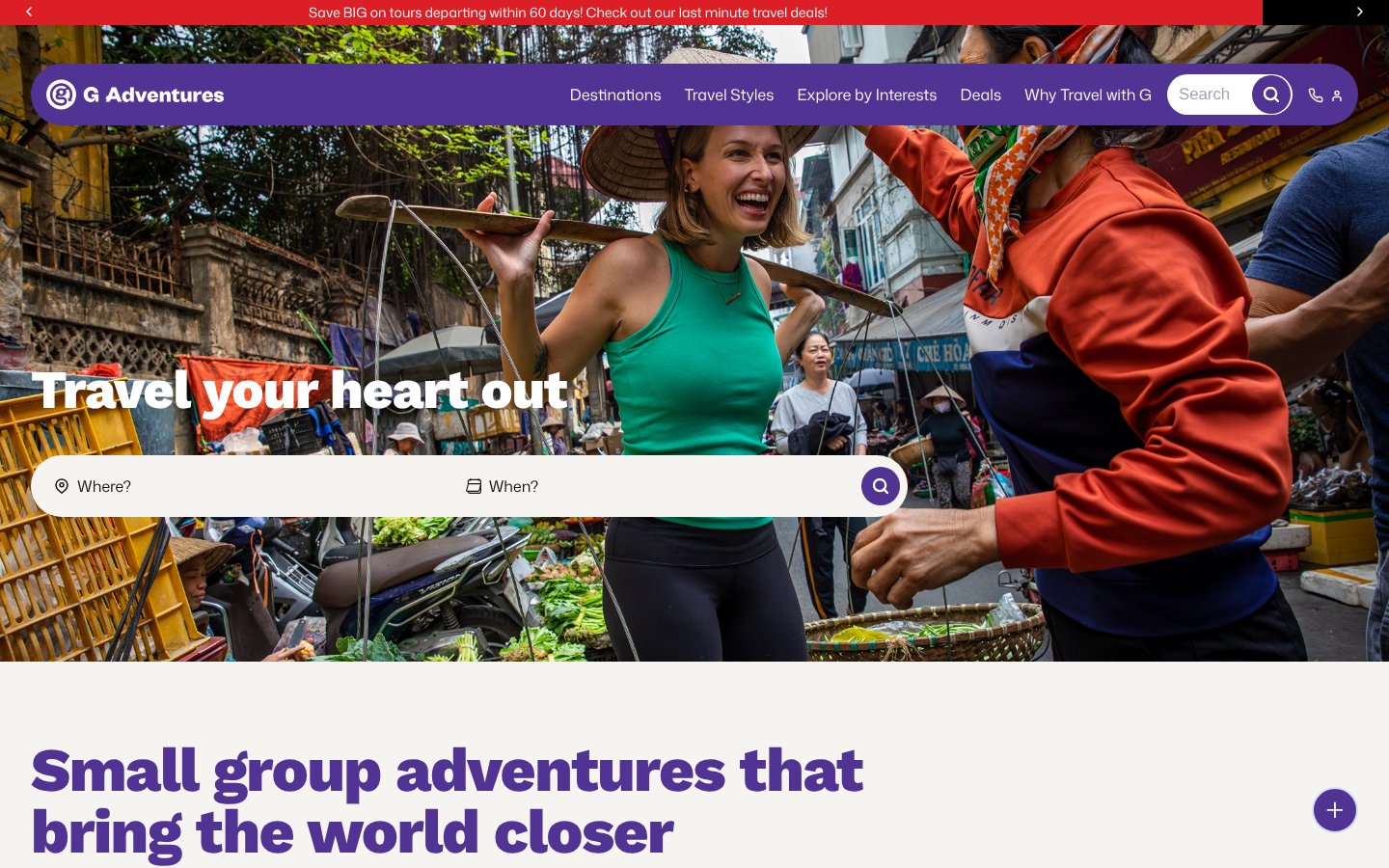 G Adventures homepage, a travel affiliate program