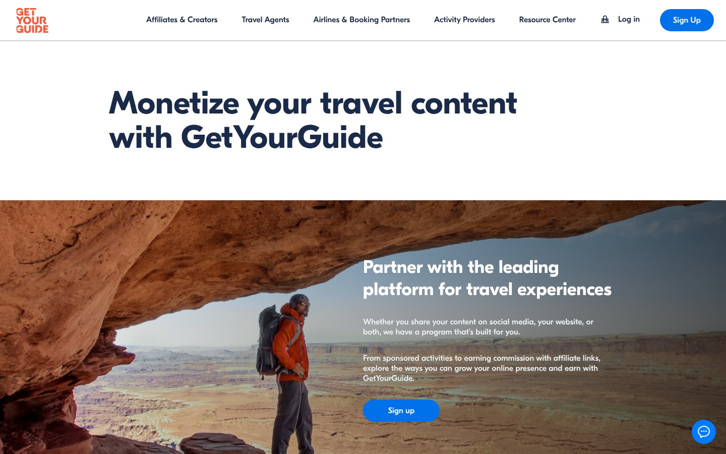 GetYourGuide affiliate program page, a travel affiliate program