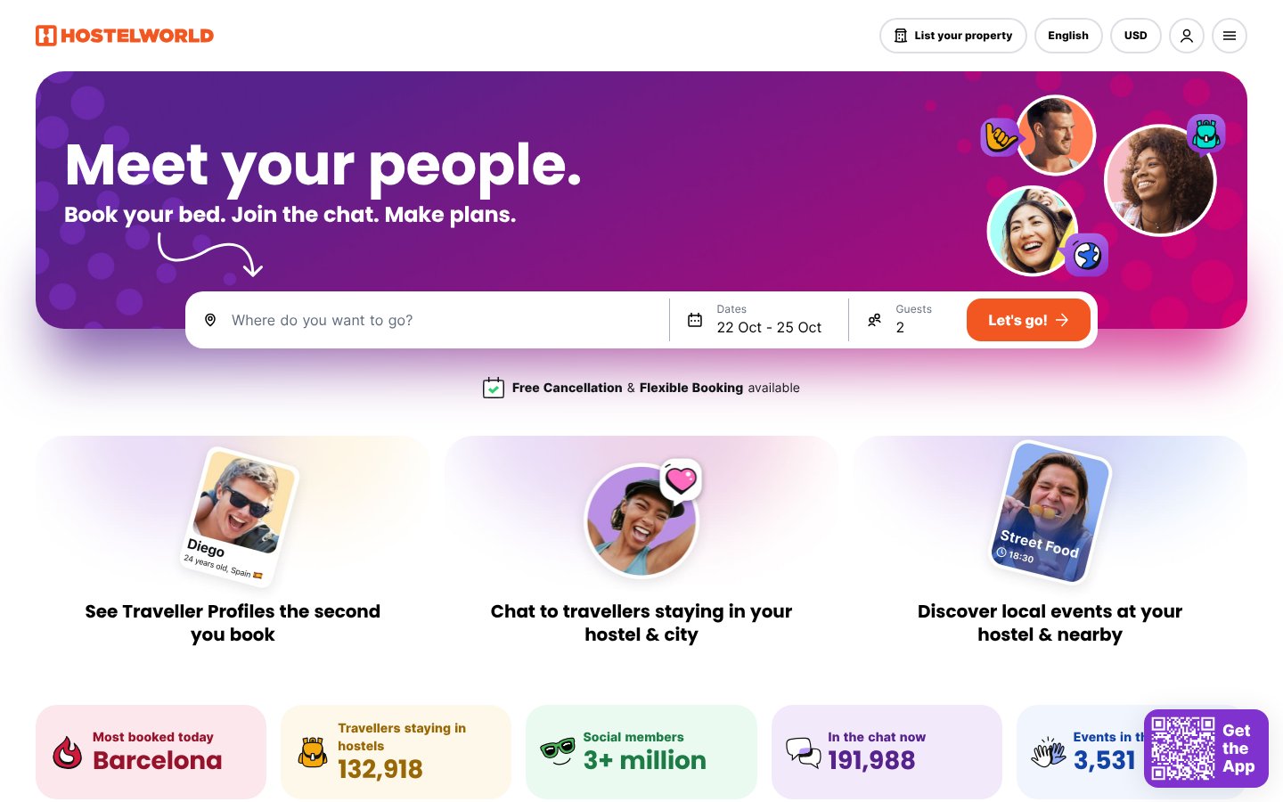Hostelworld homepage, a travel affiliate program
