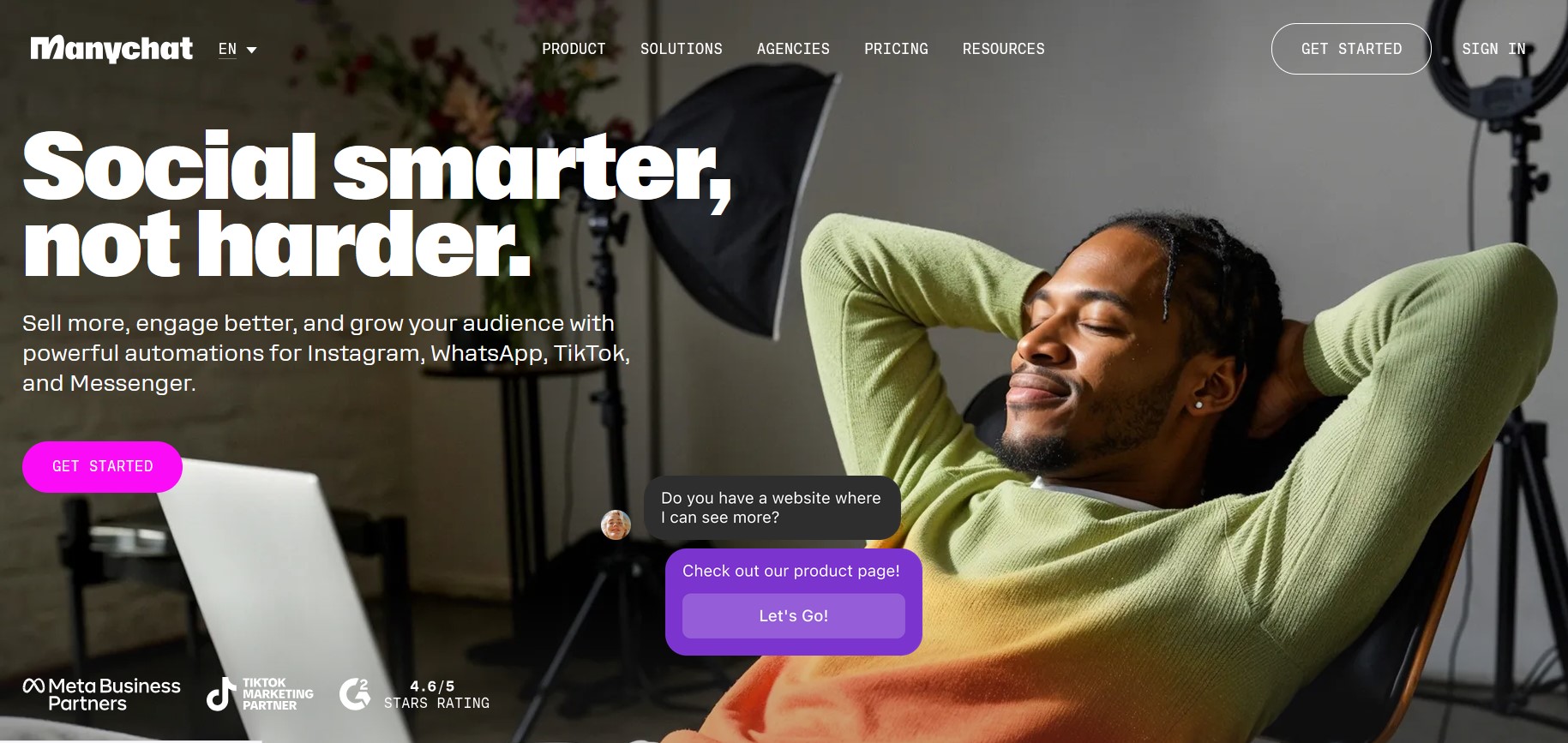 ManyChat homepage, an Instagram auto comment tool