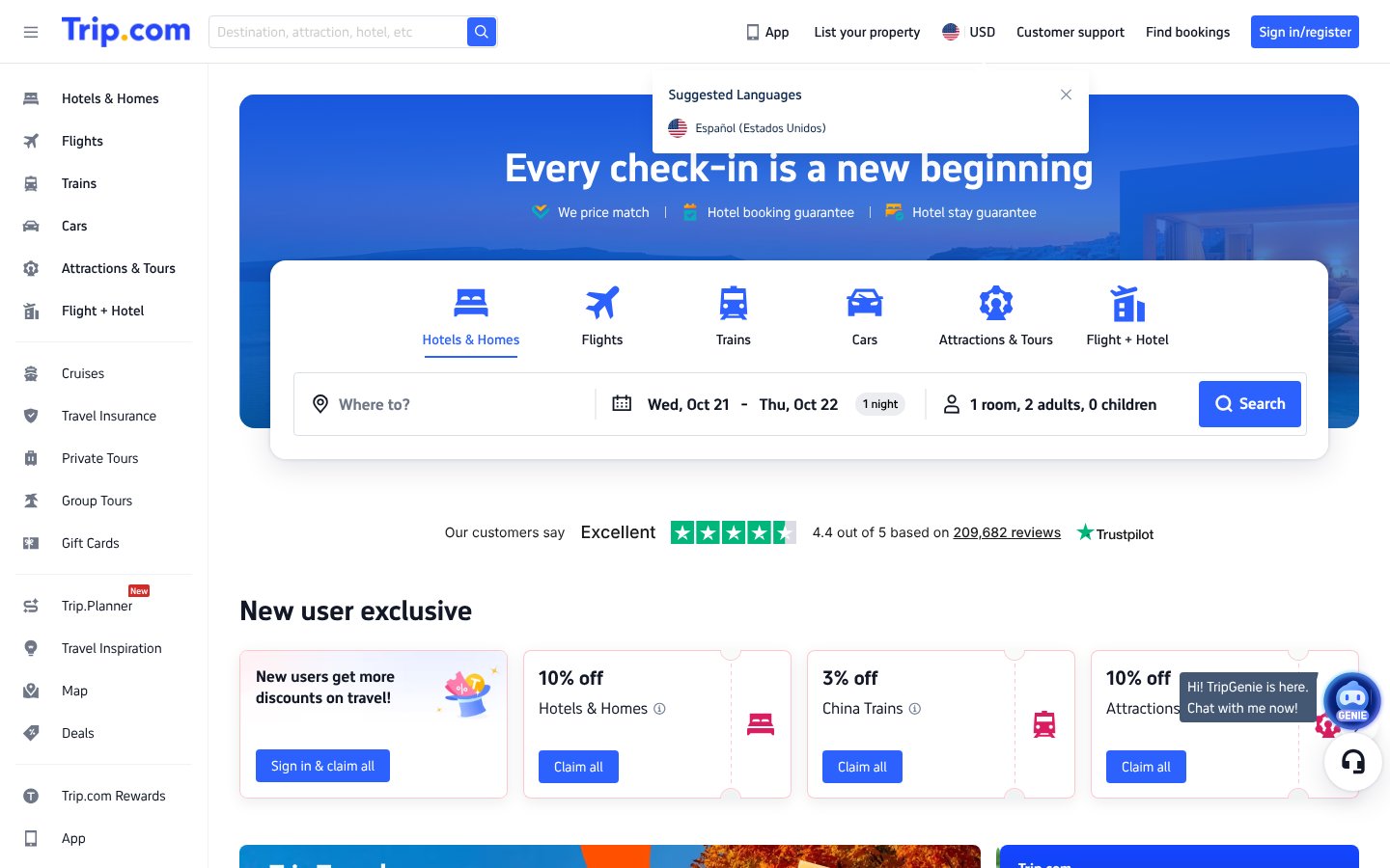 Trip.com homepage, a travel affiliate program