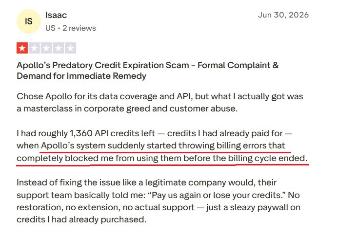 Trustpilot review reporting Apollo credits vanishing at month-end with surprise overage charges.