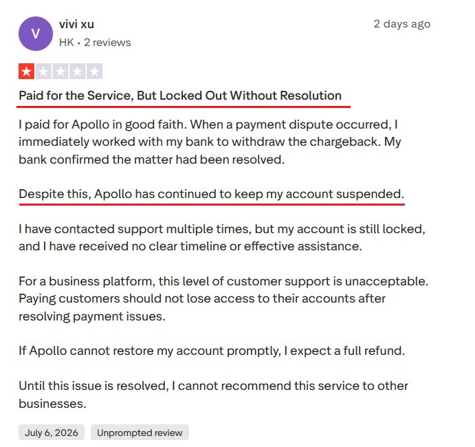 Trustpilot review about sudden Apollo account suspensions and unresponsive support.
