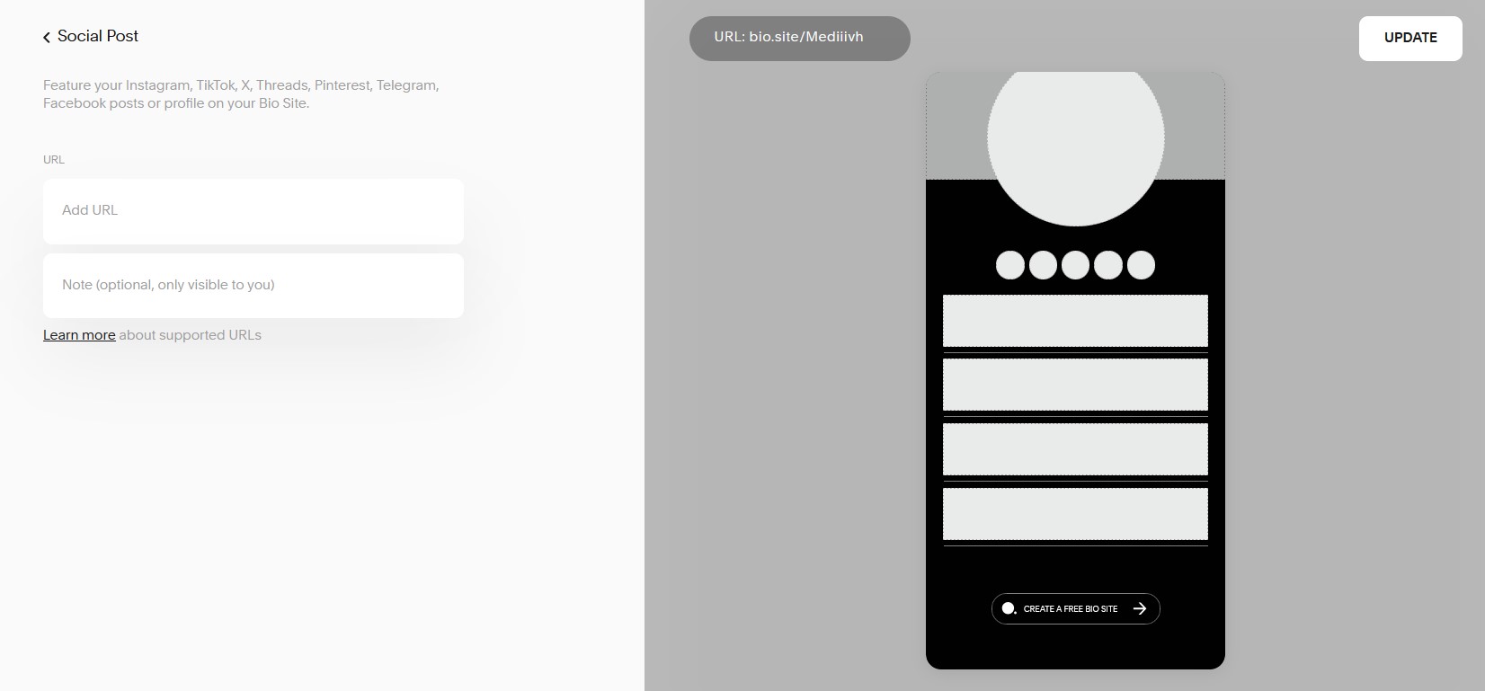 Biosites embedded content options showing YouTube, Spotify, and social media integrations.