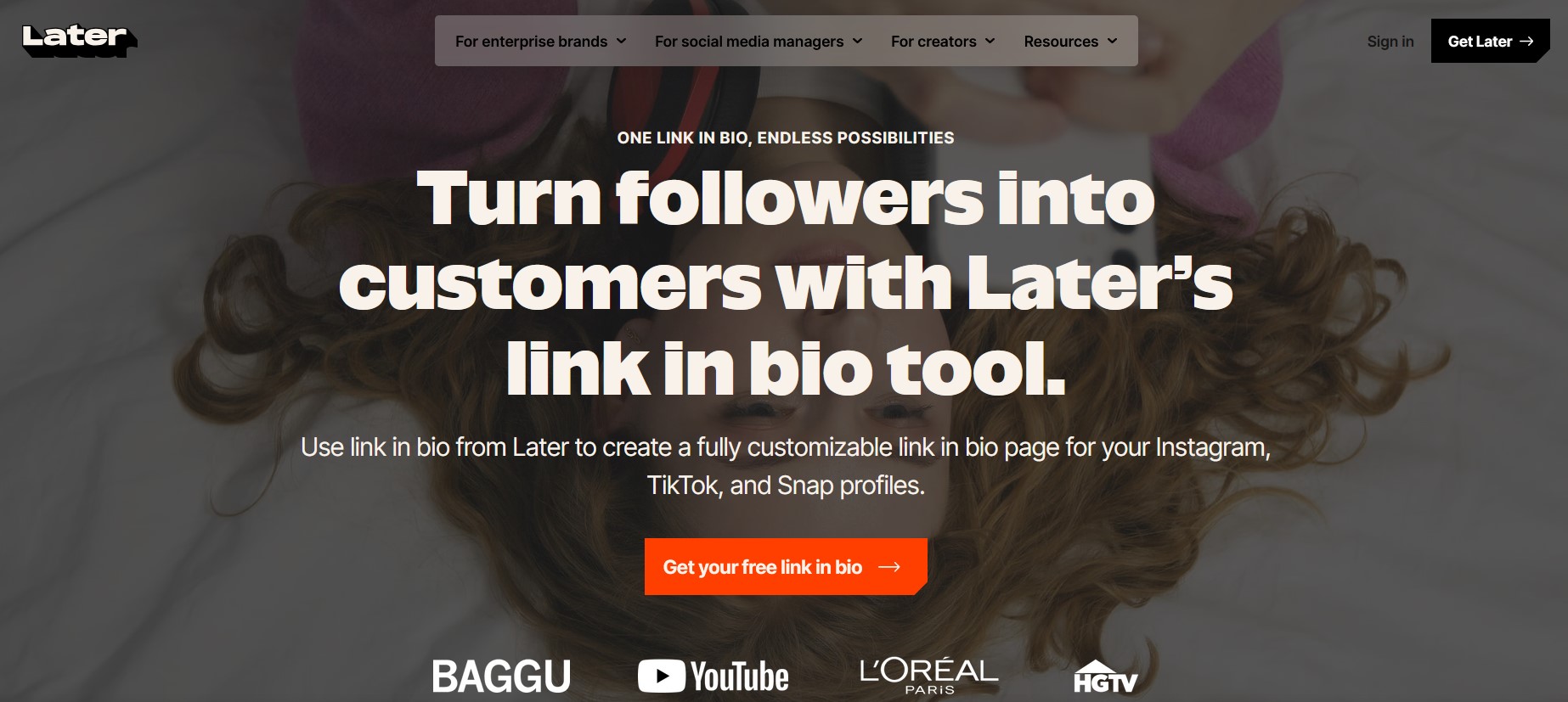 Later homepage showing the social media scheduling and Linkin.bio tool.
