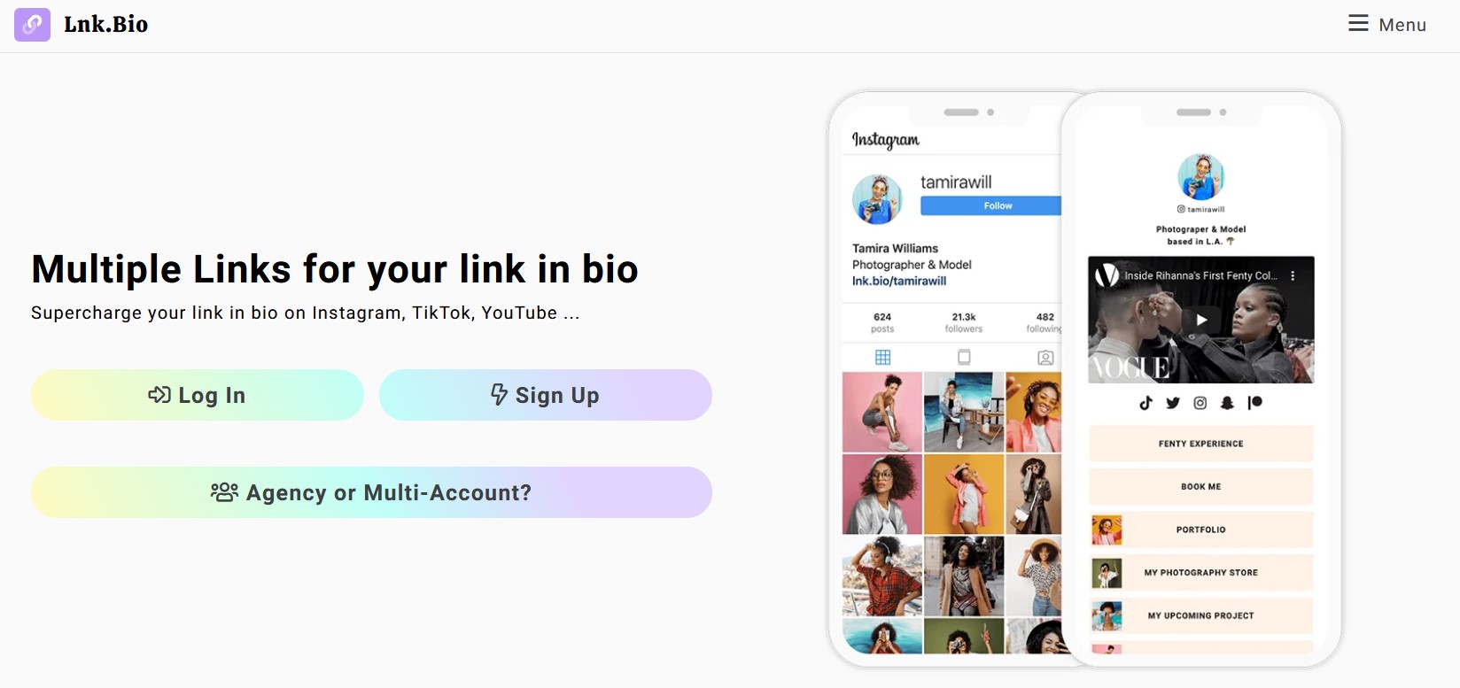 Lnk.Bio homepage showing the low-cost link-in-bio platform.