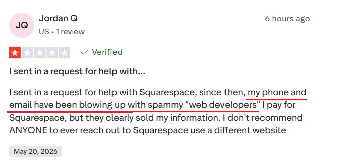 Review about Squarespace selling user information to third-party companies.