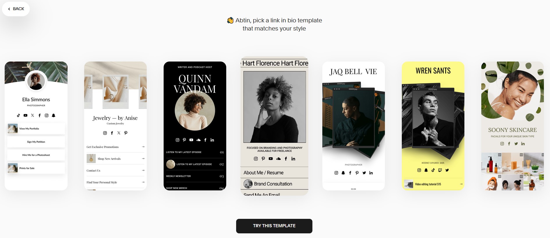 Biosites template gallery showing mobile-optimized design options.