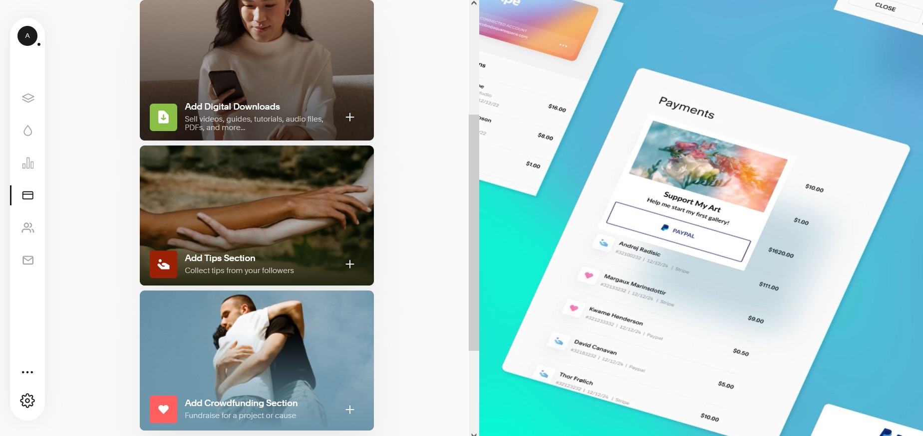 Biosites tipping and payment integration with Stripe and PayPal.
