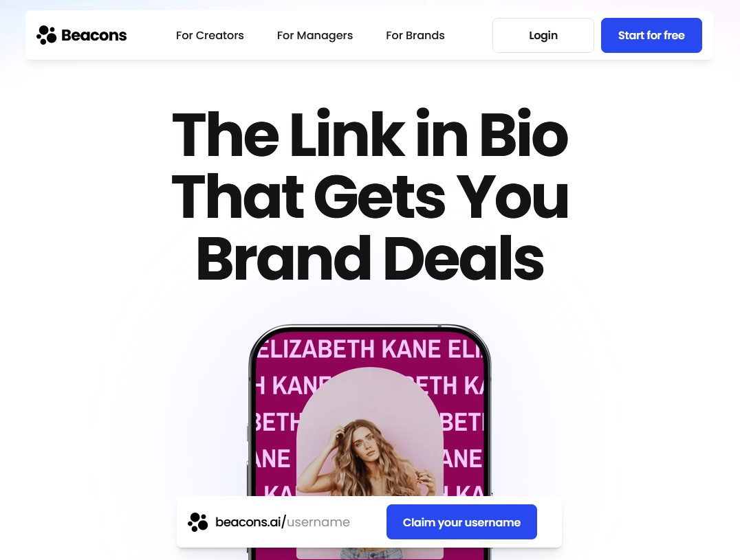 Beacons.ai homepage showing the link-in-bio and creator platform.