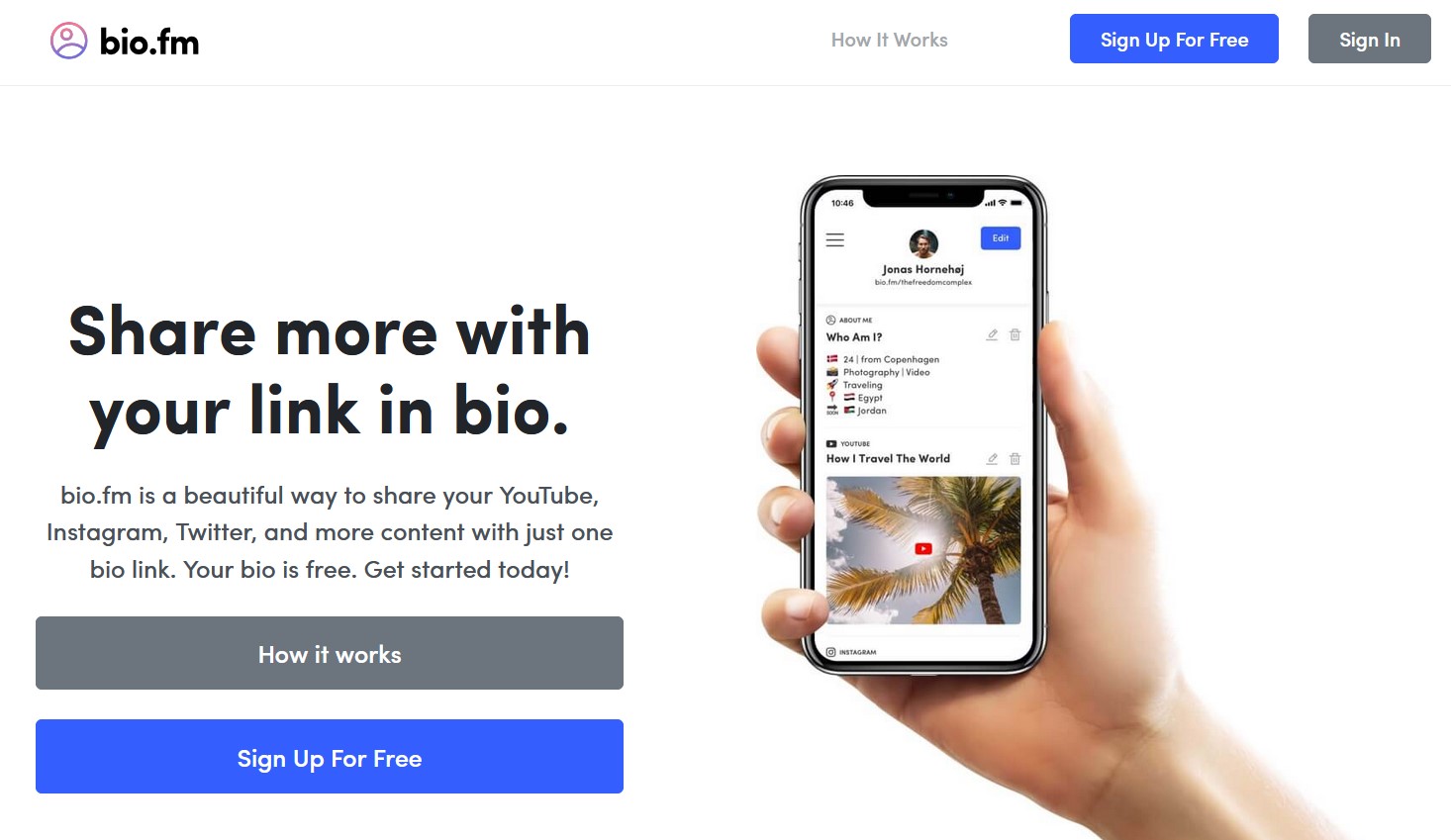 Bio.fm homepage showing the mobile-focused link-in-bio platform.