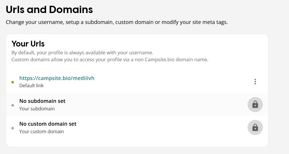 Campsite.bio custom domain settings only available on Pro plan.