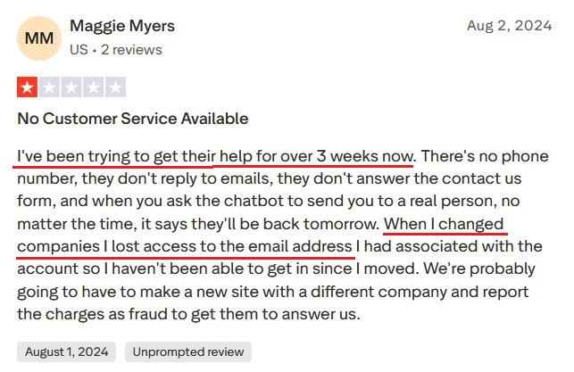 Trustpilot review about Campsite.bio's lack of customer support response.