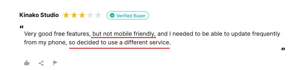 Trustpilot review about Campsite.bio's poor mobile design forcing platform change.