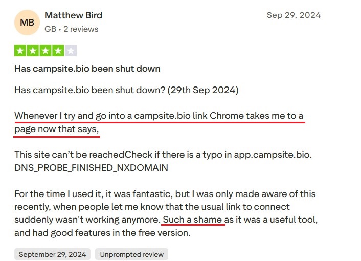 Trustpilot review about Campsite.bio's technical issues loading on Chrome.