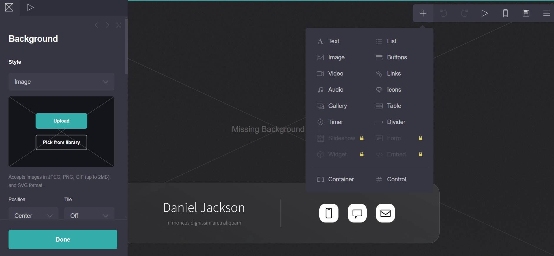 Carrd drag-and-drop editor with template selection.