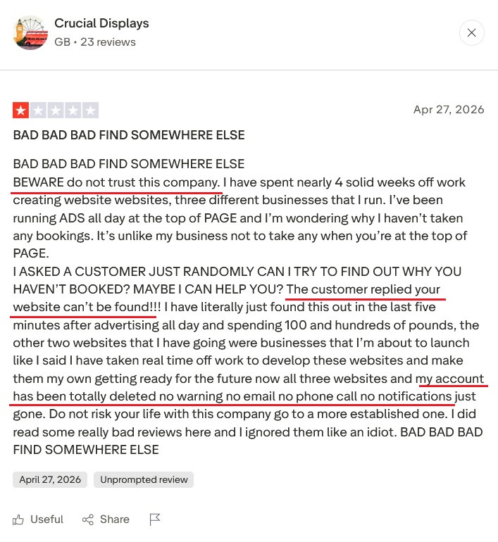 Trustpilot review about Carrd account deletion without warning.