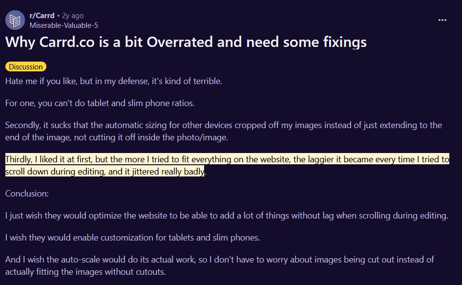 Reddit review about Carrd editor lag and jittering issues.