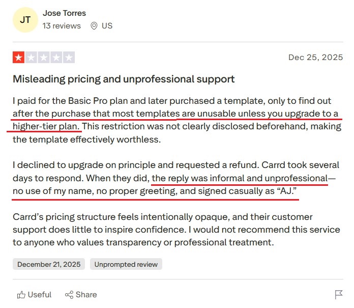 Review about Carrd pricing confusion and template limitations.