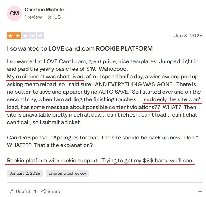 Trustpilot review about Carrd's slow and unhelpful customer support.