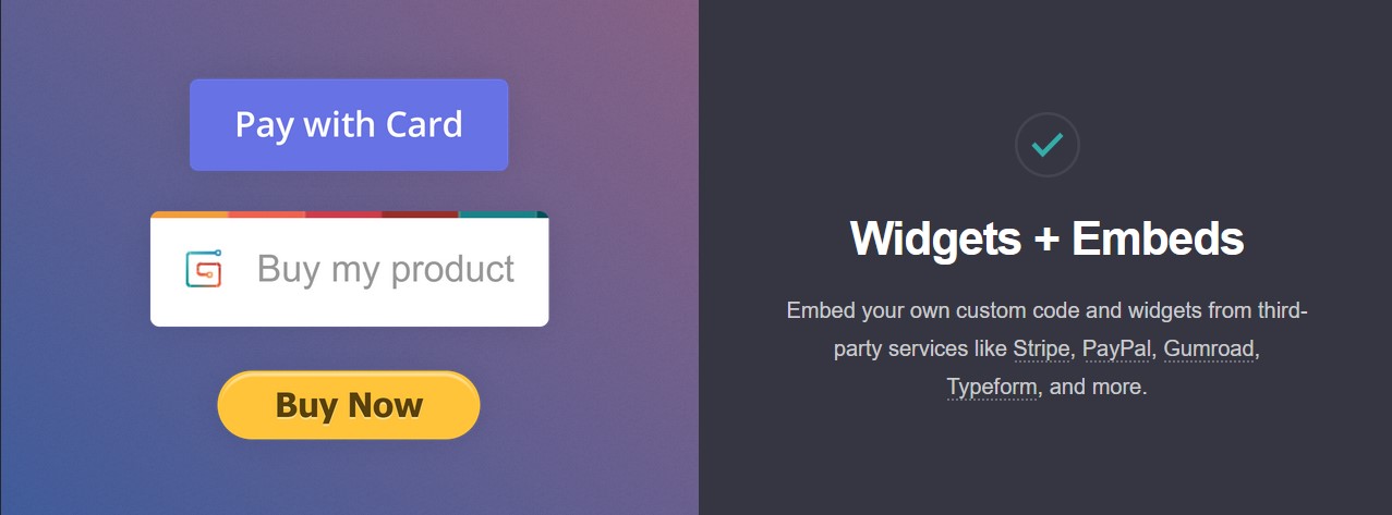 Carrd payment widgets showing Stripe and PayPal button integration.