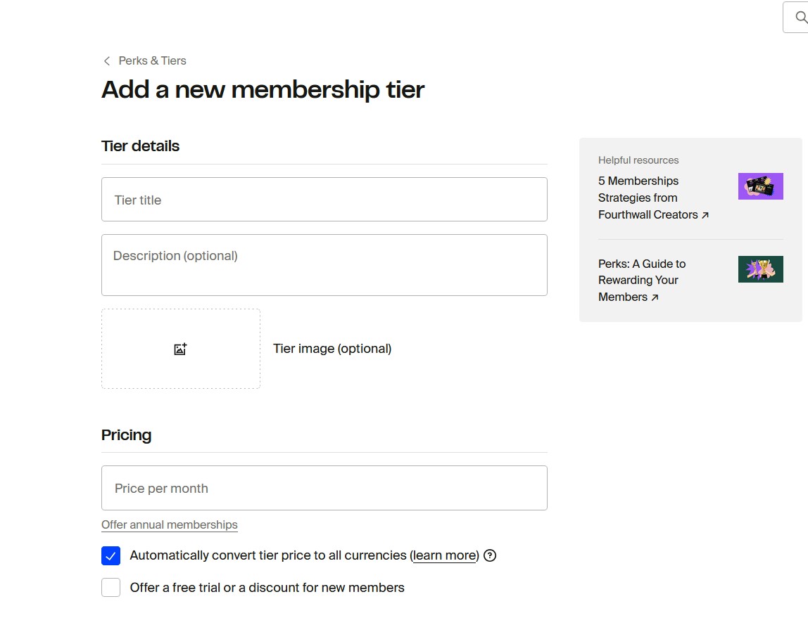 Fourthwall membership subscription feature with tiered perks and Discord access.