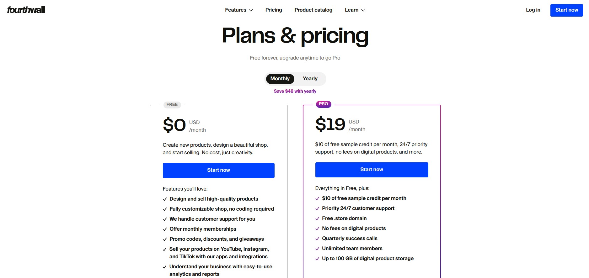 Fourthwall pricing breakdown showing Free and Pro plan features.