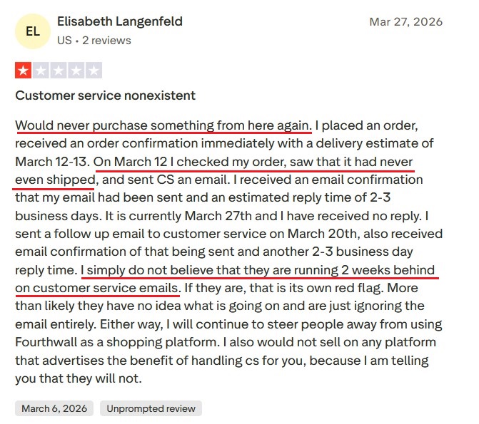 Fourthwall review about slow customer support and shipping delays.