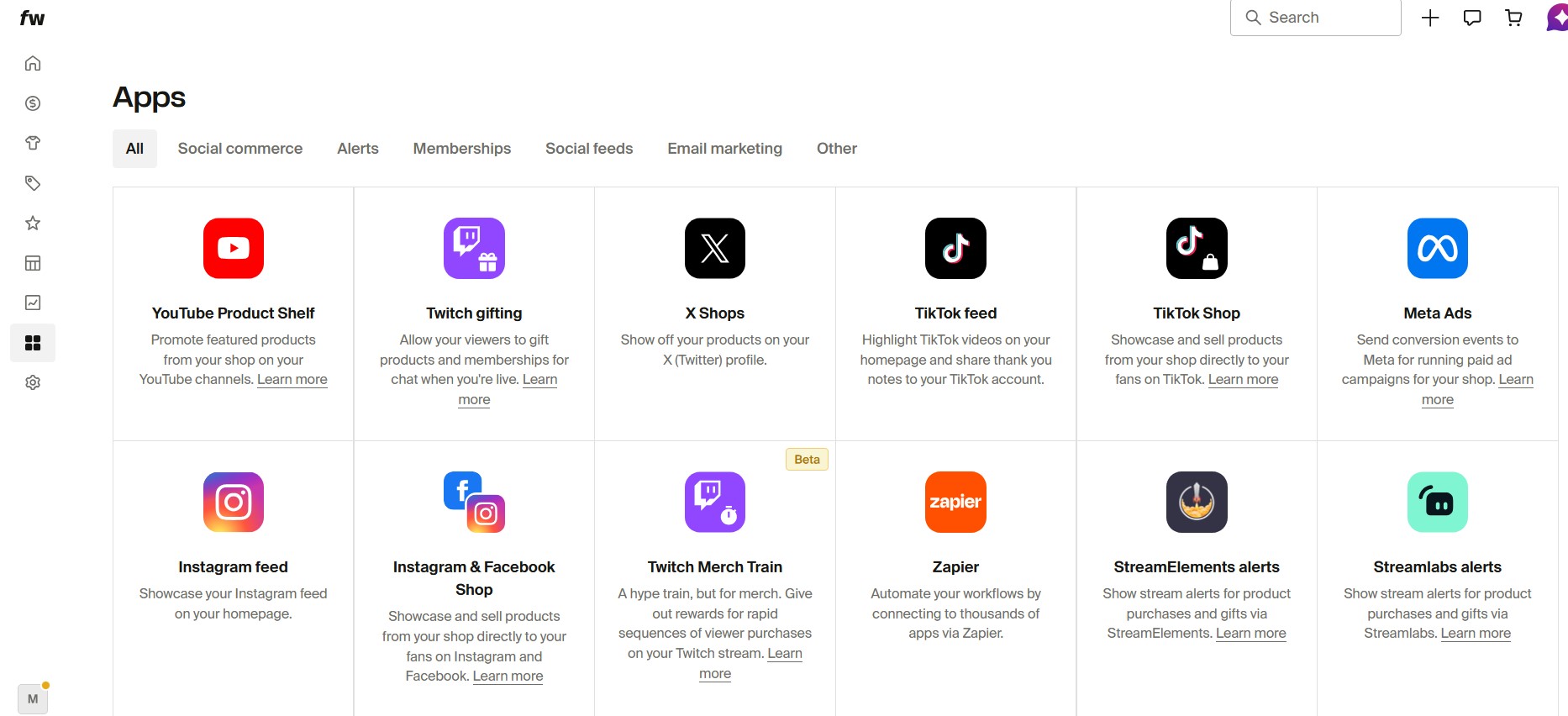 Fourthwall social media integrations with YouTube, Instagram, and TikTok Shopping.