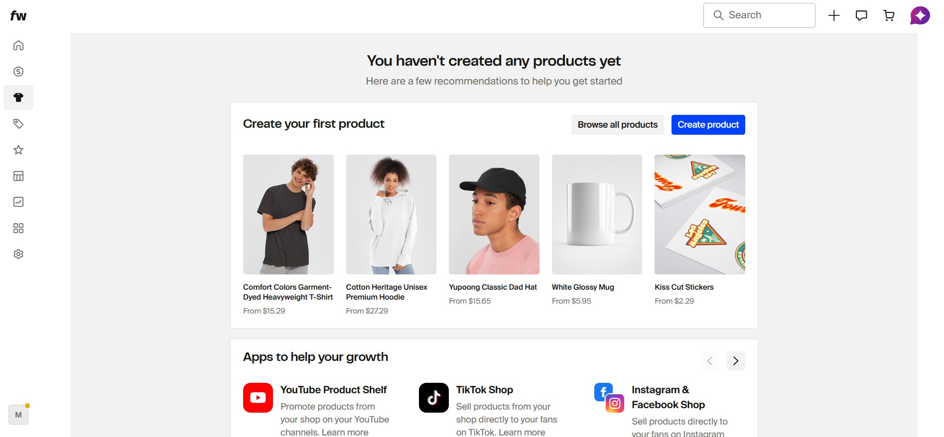 Fourthwall custom branded storefront editor with drag-and-drop tools.