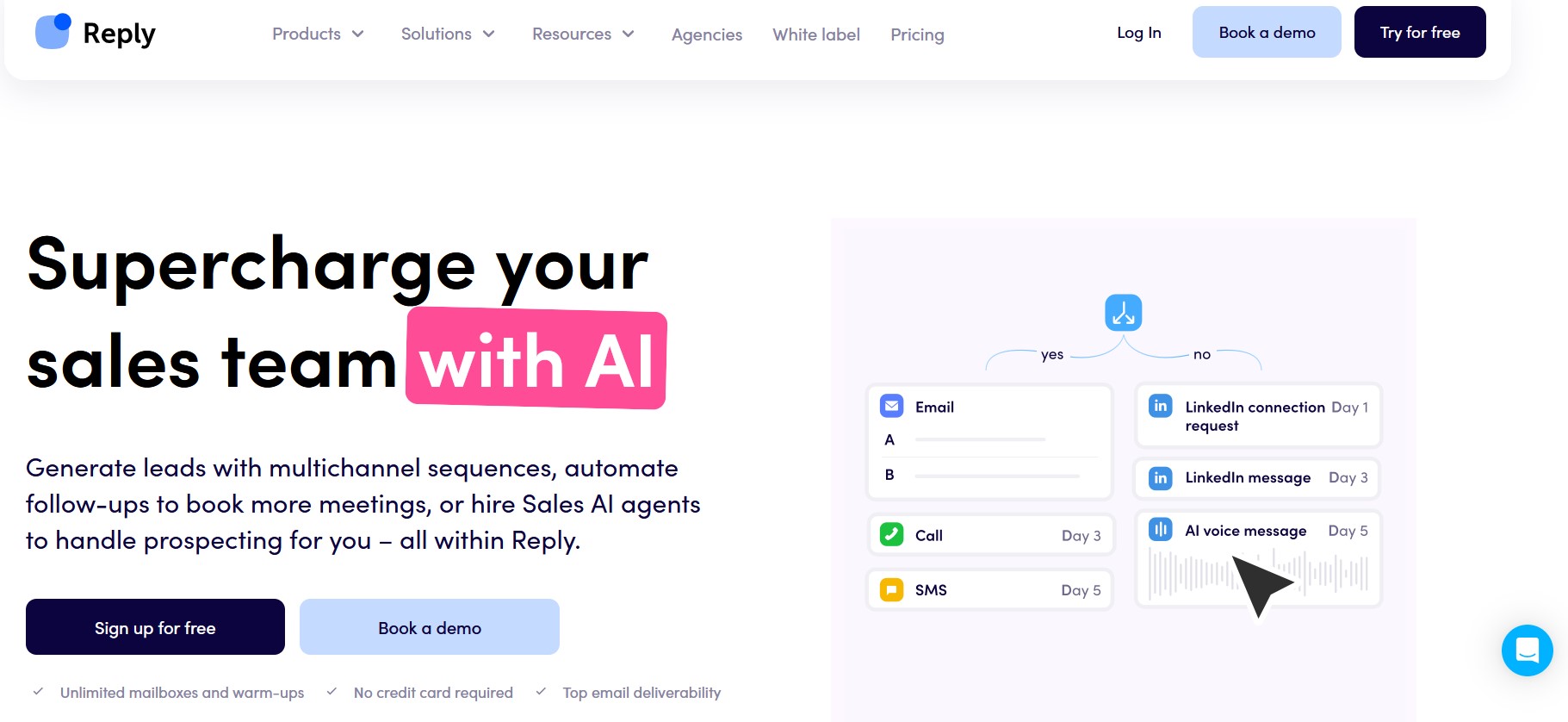 Reply.io homepage - CRM-heavy multichannel outreach platform and GMass alternative with Salesforce and HubSpot sync.