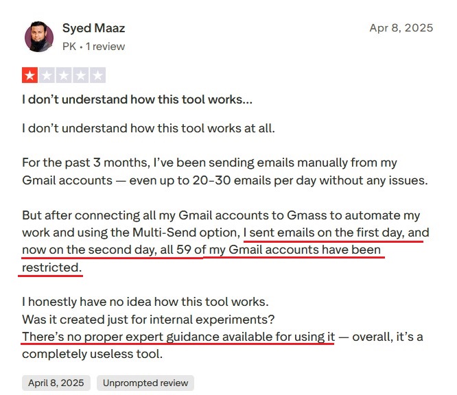 Trustpilot review reporting all 59 connected Gmail accounts restricted after using GMass MultiSend.