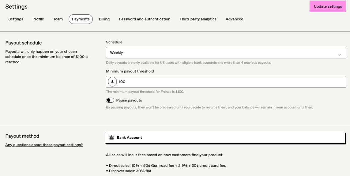Gumroad payout settings showing withdrawal options and thresholds.