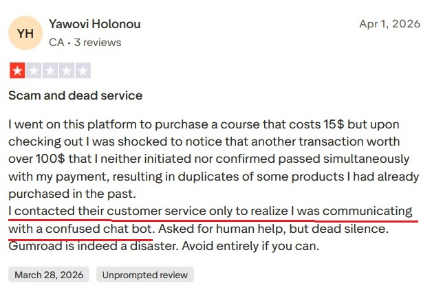 User review describing poor and unresponsive Gumroad customer support.