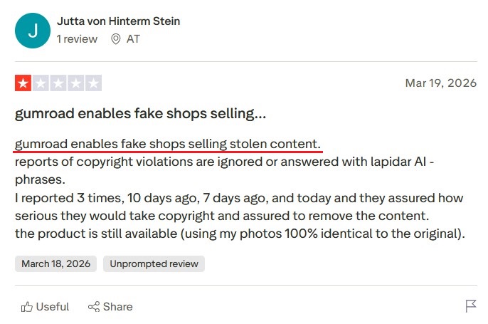 Review highlighting fake shops and stolen content issues on Gumroad's marketplace.
