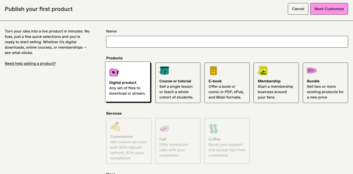 Gumroad storefront builder with basic color and text customization.