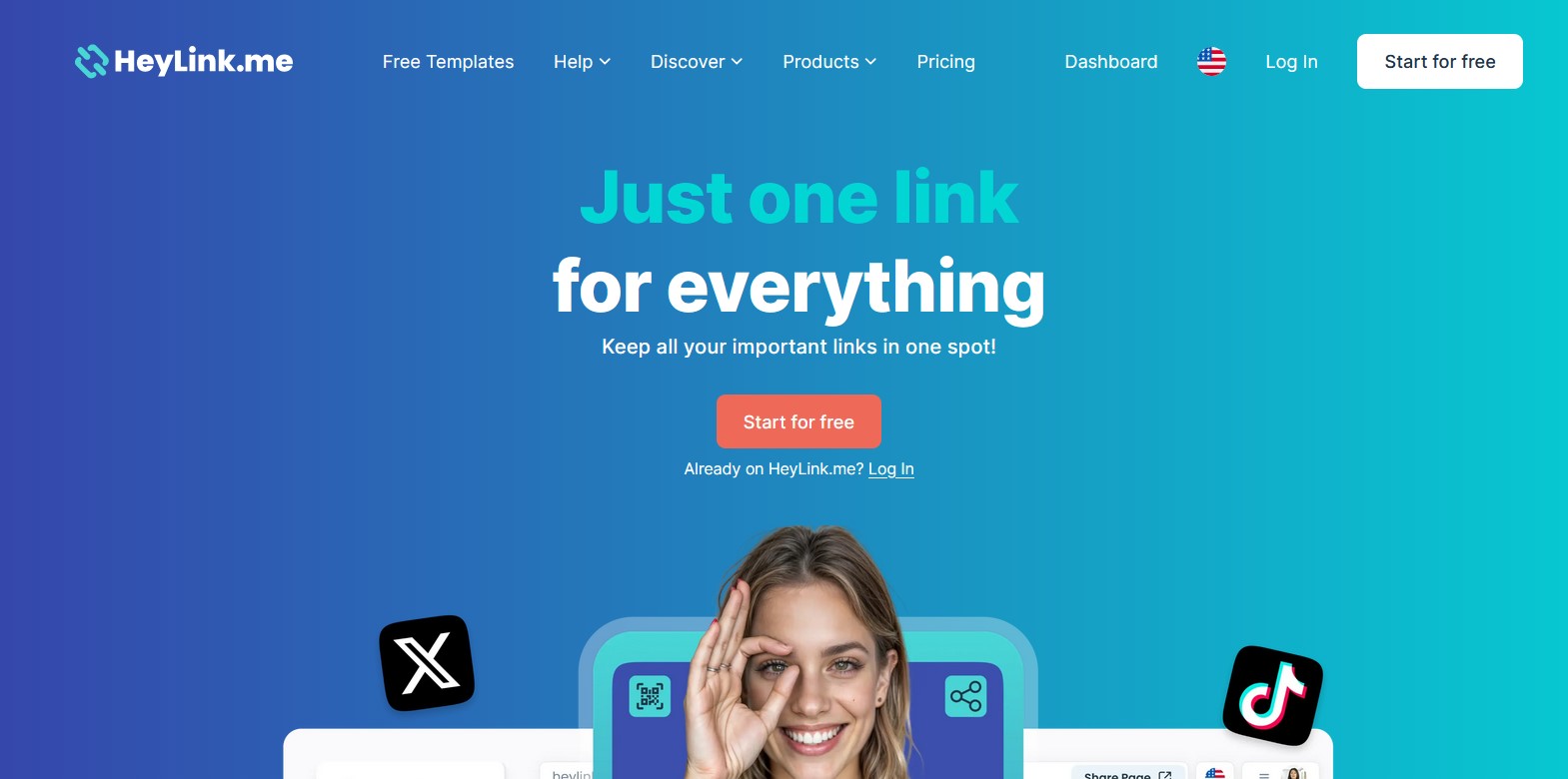 HeyLink homepage showing the link-in-bio platform.