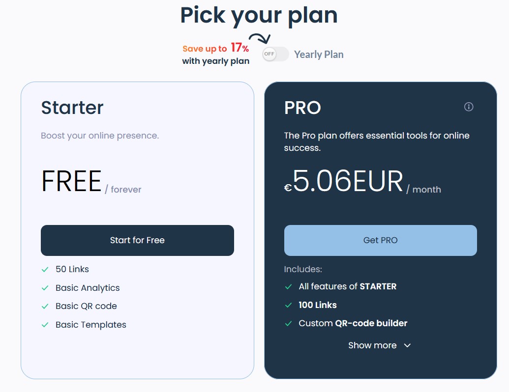 HeyLink pricing showing Starter Free and Pro plans.