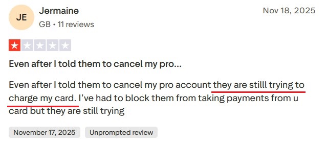 Trustpilot review about HeyLink unauthorized charges after cancellation.