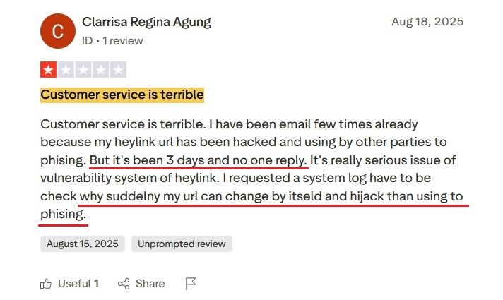 Trustpilot review about HeyLink hacked URL and poor support.