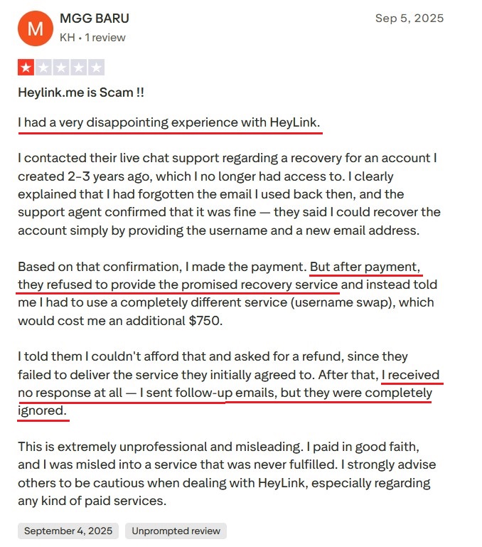 Trustpilot review calling HeyLink unprofessional and misleading after refund refusal.