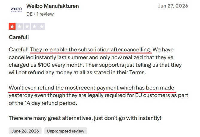 Trustpilot review reporting surprise billing after Instantly.ai cancellation.