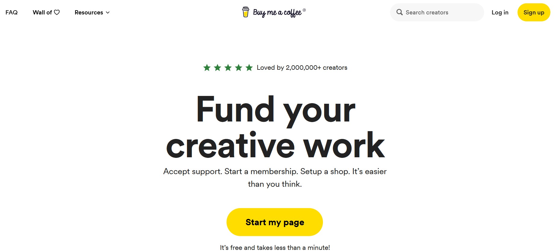 Buy Me a Coffee homepage showing the creator tipping and membership platform.