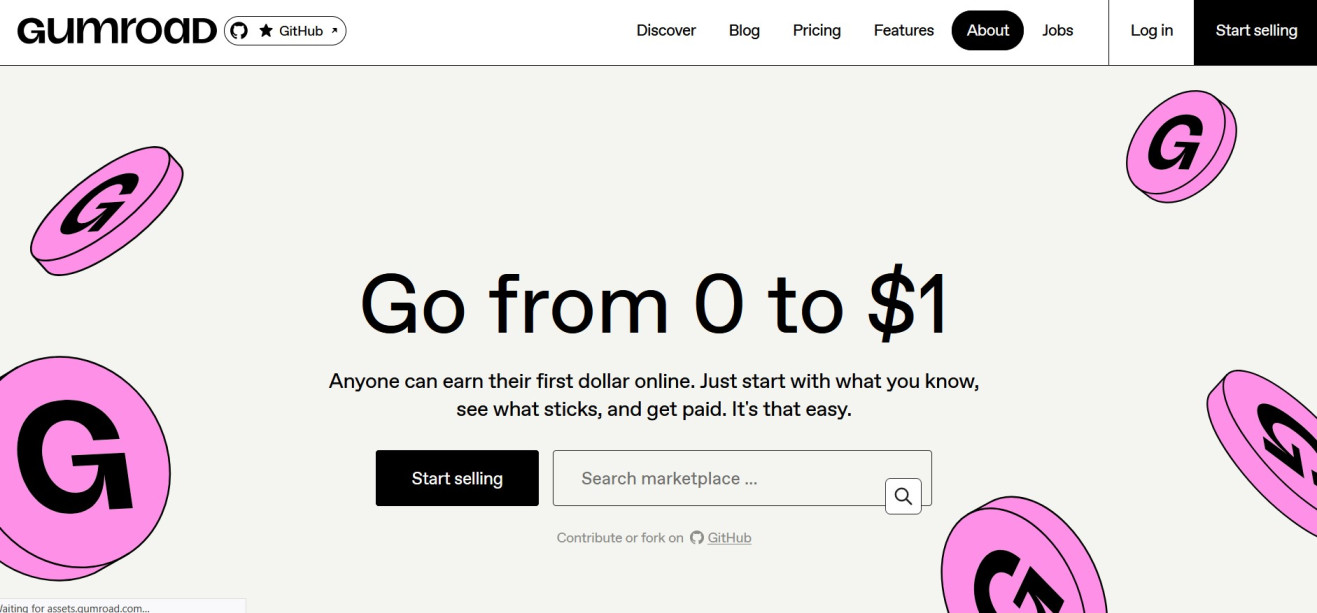 Gumroad homepage showing the platform for selling digital products.